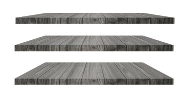 Beyaz arkaplanda boş, koyu ahşap bir raf var. (Kırpma yolu)