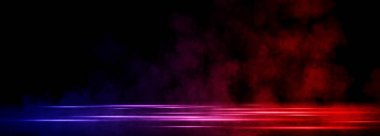 Stüdyo karanlık odasının sisli ya da sisli boş alanı ve beton zemin grunge dokusu arka planında kırmızı ve mavi ışık efekti.