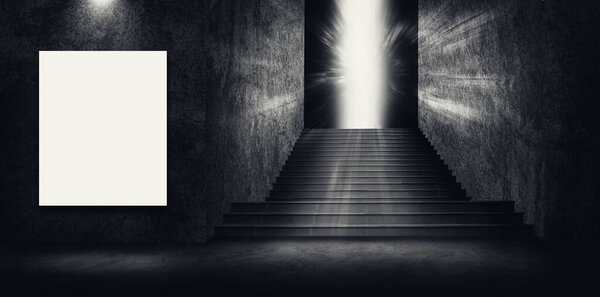 Пустое место в темной комнате бетонная лестница или лестница с белой доской на стене.