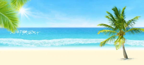 Zomervakantie Vakantie Trip Concept Groene Kokosnoot Boom Zand Met Zeegezicht Stockfoto