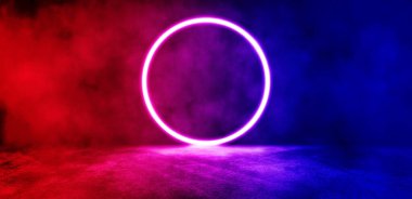 Stüdyo karanlık odasının sisli ya da sisli boş alanı ve beton zemin grunge dokusu arka planında kırmızı ve mavi ışık efekti.