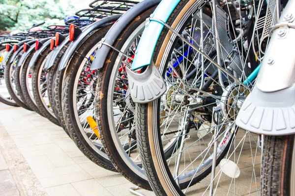 Détail de roue d'un groupe de vélos — Photo