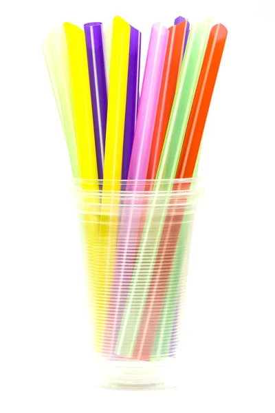Colorful drinking straws in glass isolated on white background — Stock Photo, Image