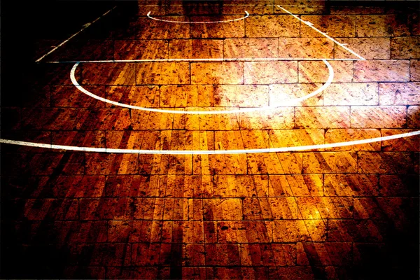 Basketbalové hřiště s červenou cihlovou zeď — Stock fotografie