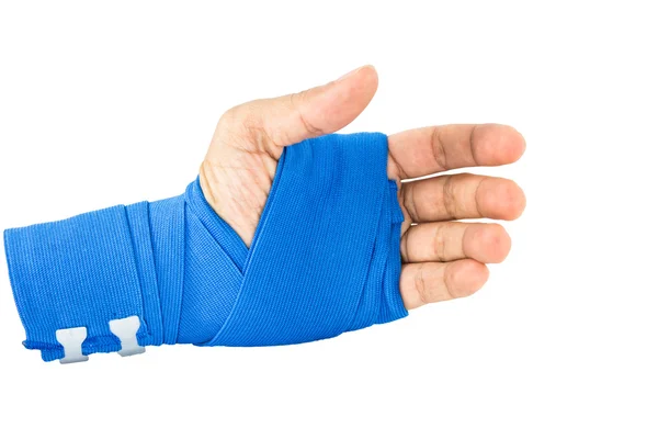 Hand gebunden blauer elastischer Verband auf weißem Hintergrund — Stockfoto