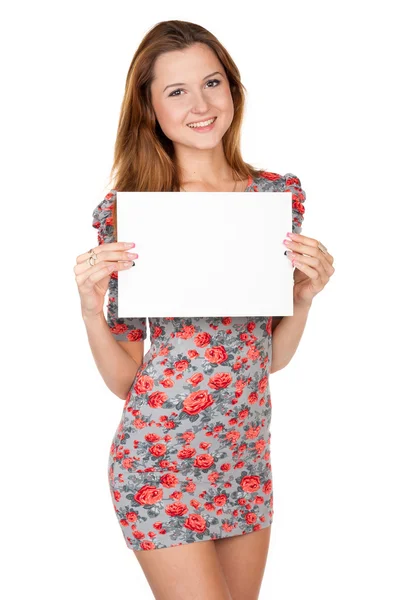 Hermosa chica y blanco vacío en blanco — Foto de Stock