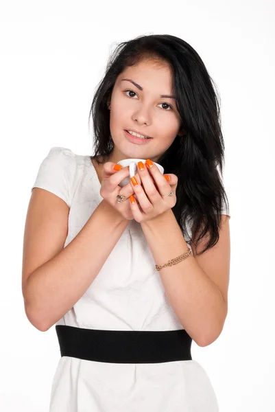 Positiva bella bruna con tazza di caffè — Foto Stock