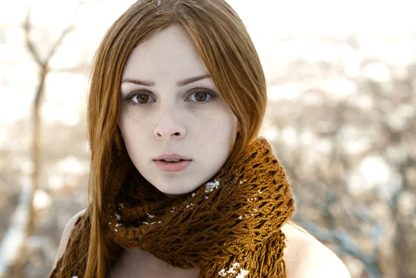 Closeup portrait of beautiful pure girl in winter — Stock Photo, Image