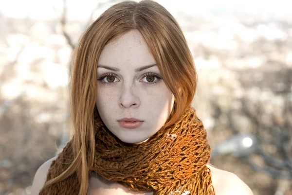 Closeup portrait of beautiful pure girl in scarf winter — Stock Photo, Image