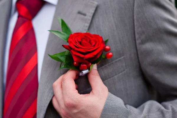 Novio en corbata roja con rosa en su chaqueta —  Fotos de Stock