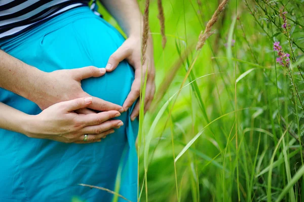 Husbands arms around his wifes pregnant belly — Stock Photo, Image