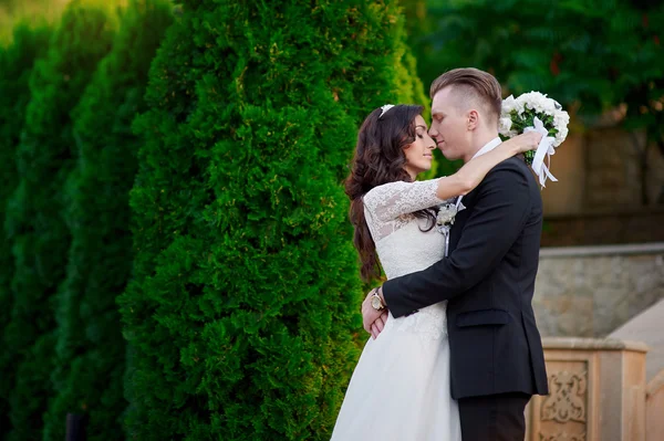 Noiva e noivo no dia do casamento andando ao ar livre no parque da primavera — Fotografia de Stock