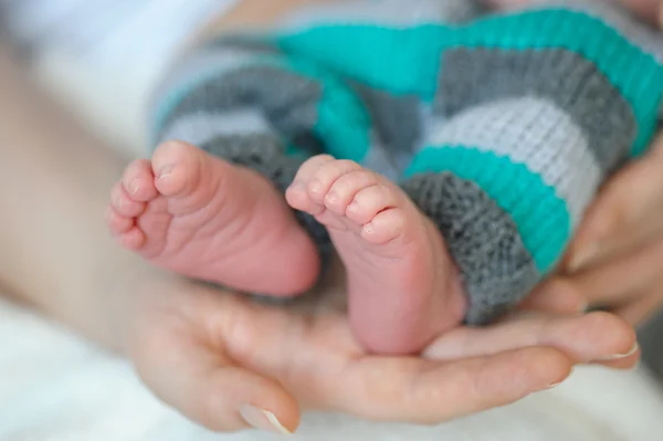 Mother hands holding tiny feet of newborn son — Stock Photo, Image