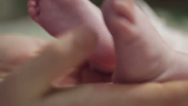 Liten bebis ben i mödrar hand — Stockvideo