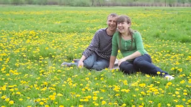 Feliz familia joven teniendo un picnic en un prado — Vídeo de stock