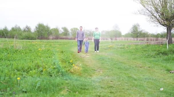 Счастливая молодая семья проводит время вместе на зеленой природе — стоковое видео