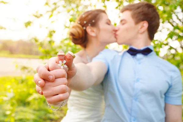 Bruden och brudgummen håller ringar — Stockfoto