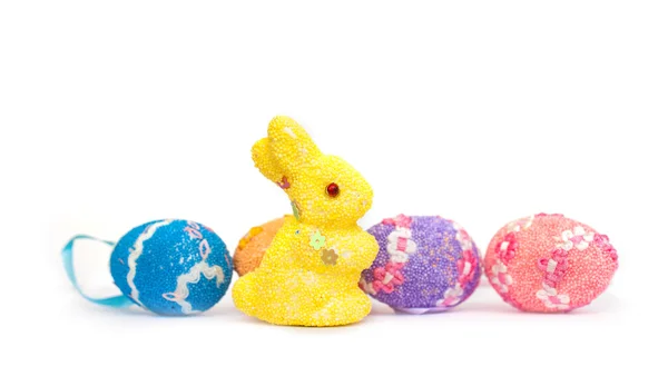 Easter eggs and rabbit on white background — Stock Photo, Image