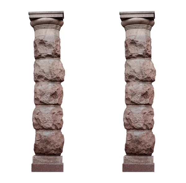 Two isolated architectural columns in rustic style on a white background — Stock Photo, Image