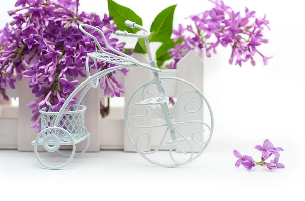 Piccola bicicletta bianca decorativa su uno sfondo di fiori viola lilla — Foto Stock