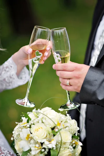 Bride and groom are holding champagne glasses — Stock Photo, Image