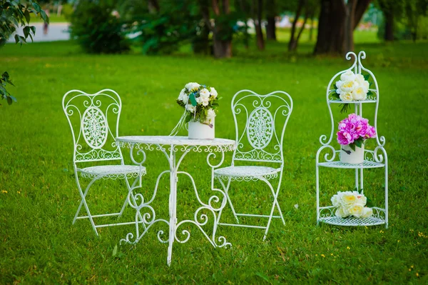 White vintage metal tea table and chairs on a grass in summer park — Stock Photo, Image