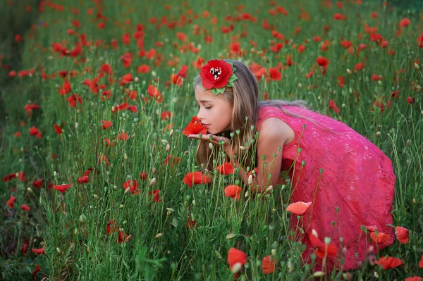 Krásná dívka v červených šatech chodí na makovém poli — Stock fotografie
