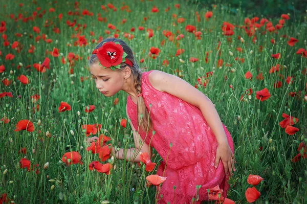 Kırmızı elbiseli kız haşhaş alanına yürüyor — Stok fotoğraf