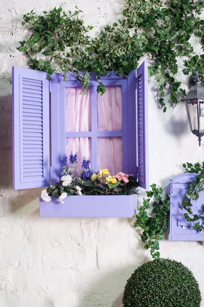 Pretty small purple window and box with flowers in an old house — Stock Photo, Image