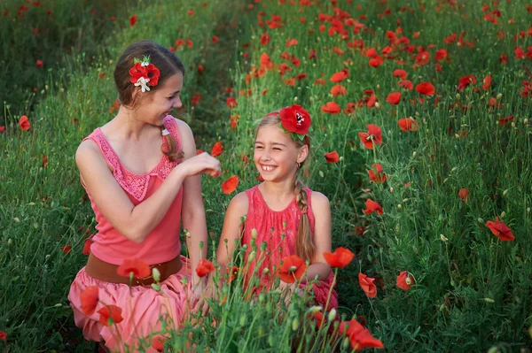 两个漂亮的年轻姐妹走在罂粟的字段 — 图库照片