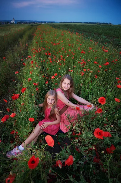 Две красивые юные сестры, гуляющие на маковом поле — стоковое фото