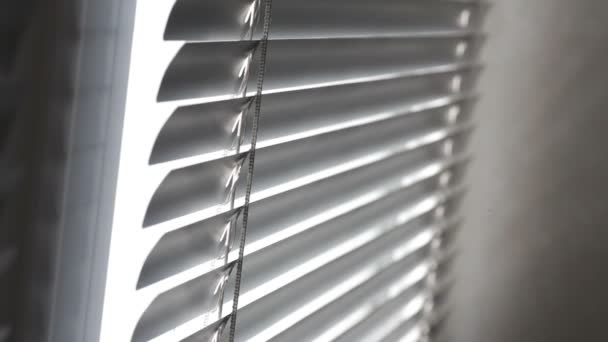Solljus som kommer genom persienner vid fönstret — Stockvideo