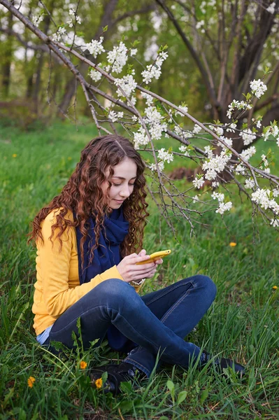 Technologie und Menschen-Konzept - lächelnde junge Frau mit Smartphone sitzt auf Gras im Park — Stockfoto