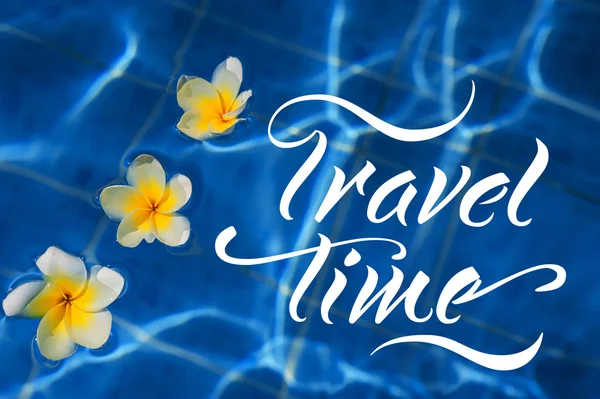 Flor frangipani tropical flotando en agua azul y palabras Tiempo de viaje — Foto de Stock