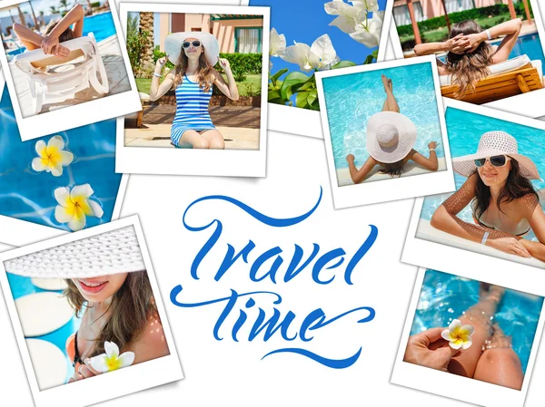 Collage con fotos Feliz mujer de la moda descansar en la playa y palabras tiempo de viaje — Foto de Stock