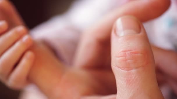 Little daughters hand holds daddys big finger — Stock Video