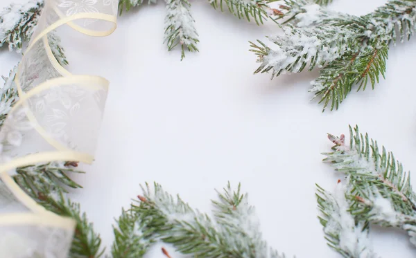 Cabang cemara tertutup salju dan dekorasi Natal dengan ruang untuk teks — Stok Foto