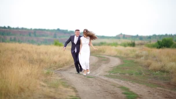 Novia y novio caminando por el camino en un campo — Vídeo de stock