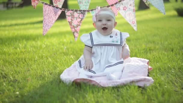 Schattig klein babymeisje zittend op het gras op een zonnige zomerdag — Stockvideo