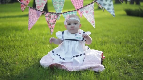 Schattig klein babymeisje zittend op het gras op een zonnige zomerdag — Stockvideo