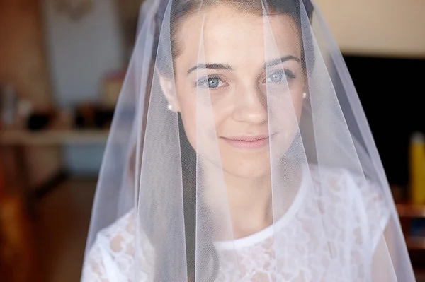 Retrato de una hermosa novia con velo en la habitación de hotel — Foto de Stock