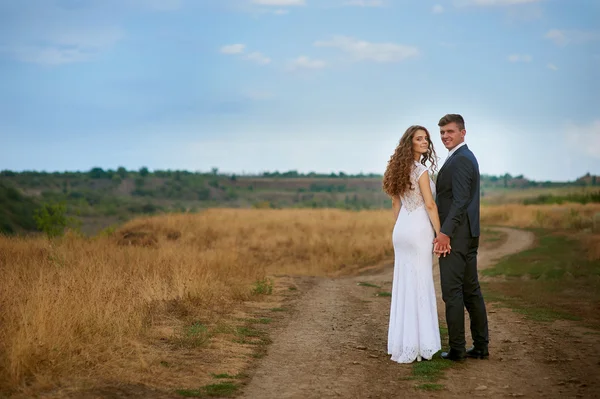 Bride and groom walking on the road in a field — Stock Photo, Image