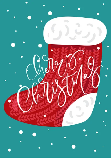 Vector santa femmas red sock с каллиграфическим текстом Merry Christmas. Праздничный дизайн. поздравительные открытки, плакат, новогодний плакат — стоковый вектор