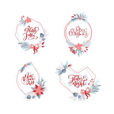 Elle çizilmiş Noel çelenkleri ve Xmas yazıları içeren bir vektör seti. Firavun dalları, kırmızı böğürtlen, yapraklar ve diğer elementler. Kış tasarımı için yuvarlak çerçeve, kış kartı, poster, afiş