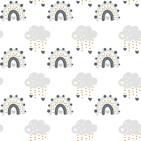 Mignon arc-en-ciel vectoriel avec des nuages motif sans couture dans un style scandinave isolé sur fond blanc pour les enfants. Illustration dessinée à la main pour affiches, gravures, cartes, tissus, livres pour enfants — Image vectorielle
