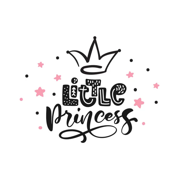 Маленькая принцесса каллиграфия, нарисованная от руки скандинавской иллюстрацией с короной и звездами. Розовый и черный декоративный вектор заднего фона. Дизайн плаката с текстом — стоковый вектор