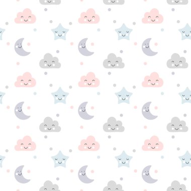 Sevimli vektör bulutları, ay ve yıldızlar çocuklar için beyaz arka planda izole edilmiş İskandinav tarzında uyur. İskandinav posteri, kart, kumaş, çocuk kitabı için el çizimi çizimi çizimi çizimi