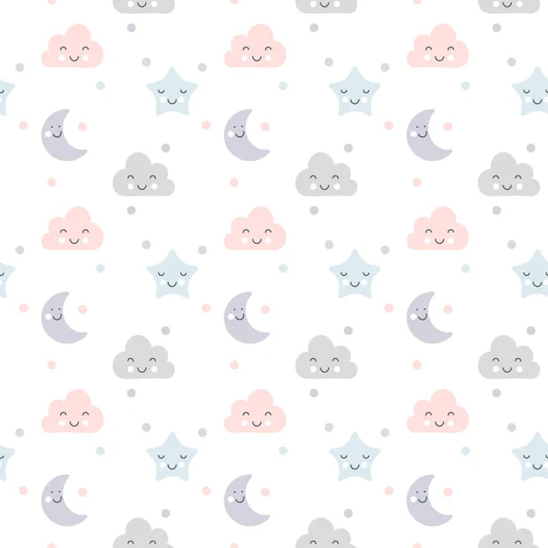 Lindas nubes vectoriales, luna y estrellas sin costuras duermen en un estilo escandinavo aislado sobre fondo blanco para niños. Ilustración dibujada a mano para póster nórdico, tarjeta, tela, libro para niños — Vector de stock