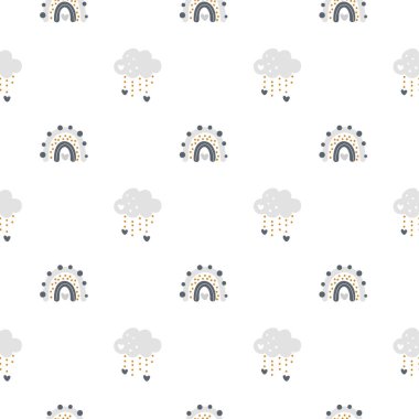 Çocuklar için beyaz arka planda izole edilmiş, İskandinav tarzında bulutsuz bulutsuz, şirin vektör gökkuşağı. İskandinav posterleri, baskılar, kartlar, kumaşlar, çocuk kitapları için el çizimi resimleme