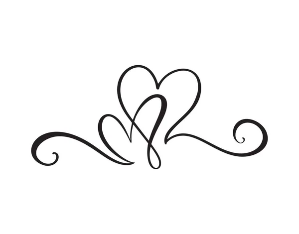 Black Flourish vintage Vector divisor Valentim Dia mão desenhada Caligrafia Dois Corações. Caligrafia Ilustração de férias. Elemento de design Valentine. Ícone amor decoração para web, casamento — Vetor de Stock